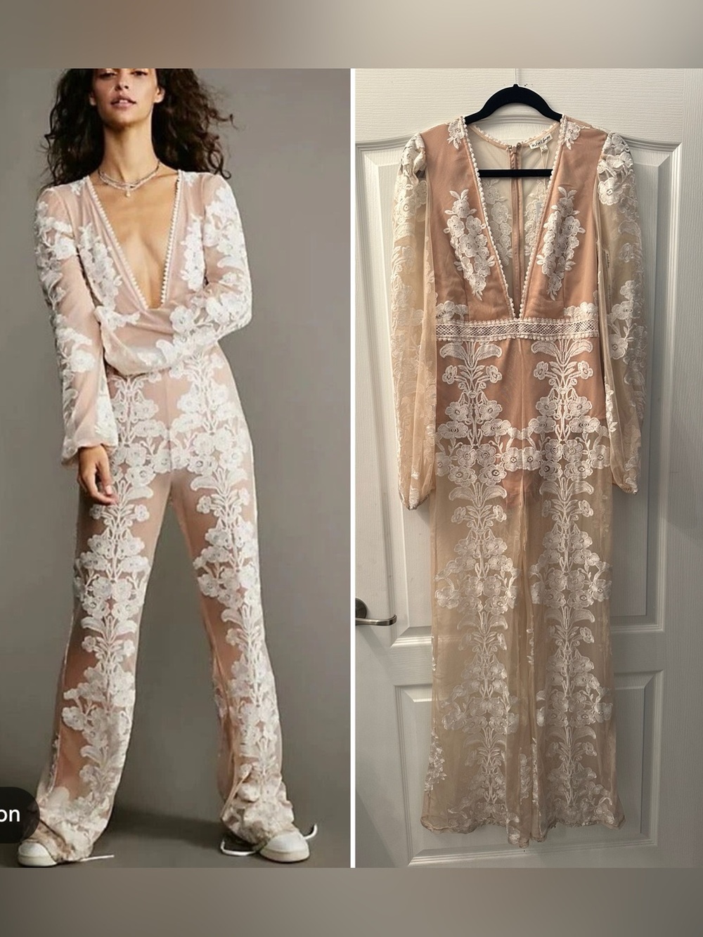 For Love & Lemons Sheer Nude Jumpsuit with White Lace Appliqué L